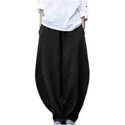Women's Cotton Linen Harem Pants High Waisted Solid Wide Leg Pants Casual Baggy Comfy Lounge Trousers with Pockets